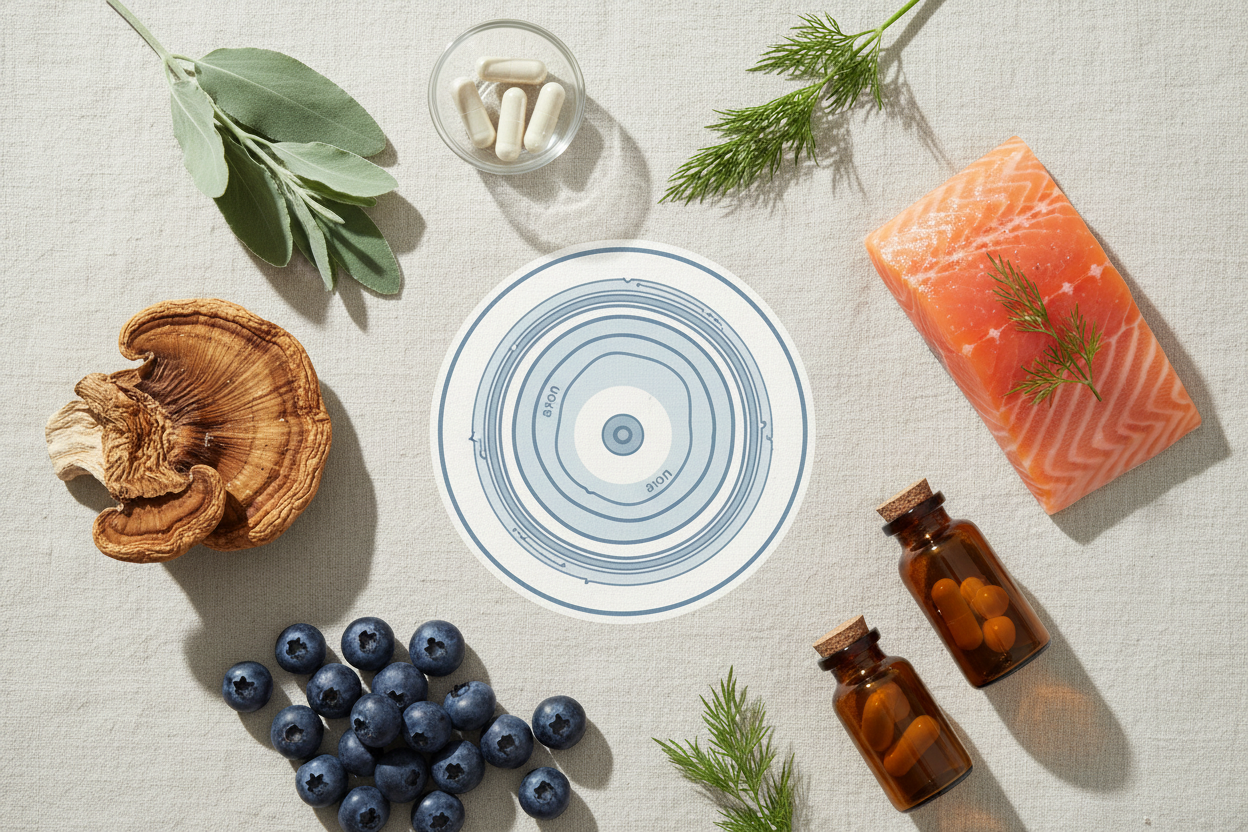 ion's mane mushroom, salmon, blueberries, and vitamin D in soft blue, sage, and cream.