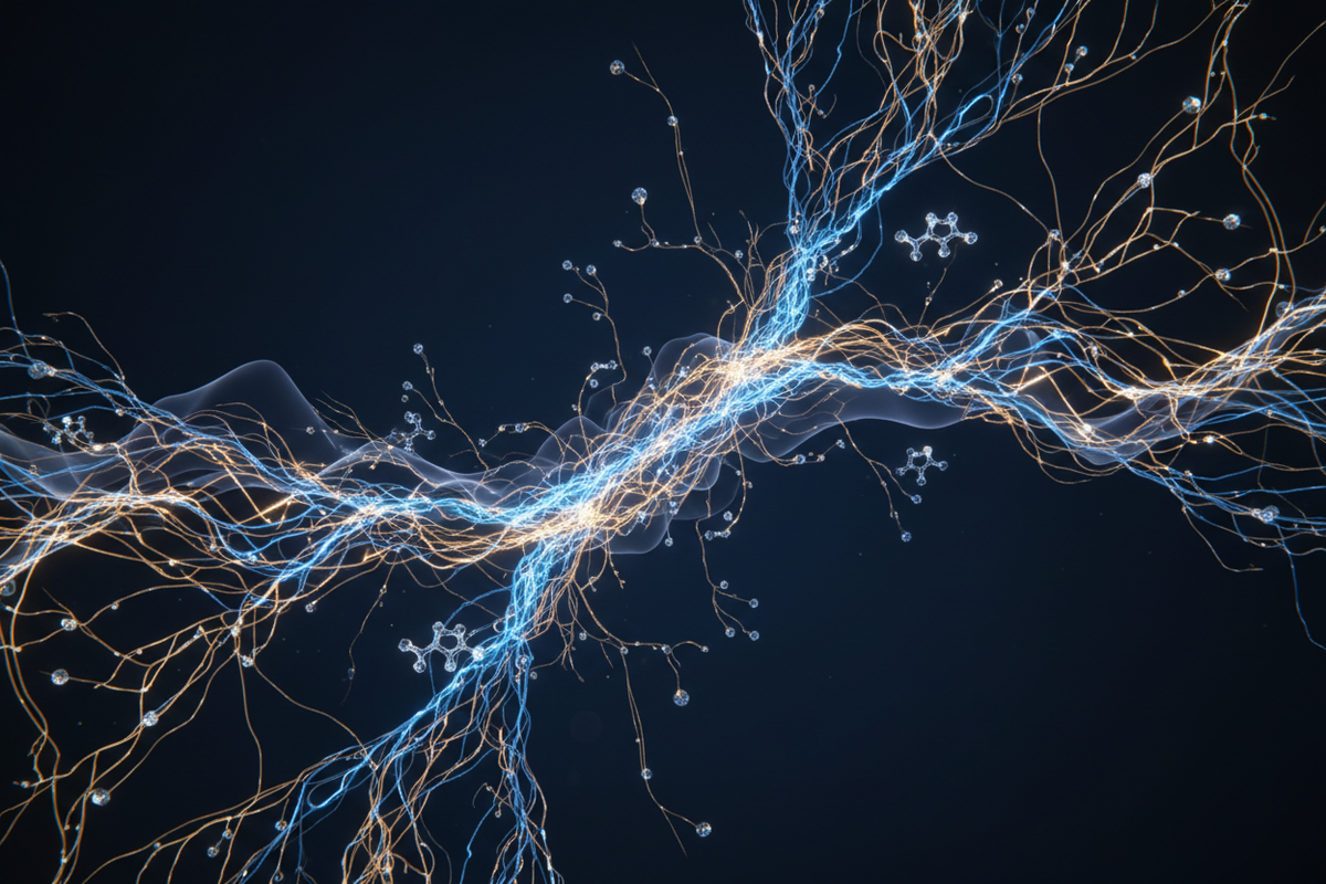 Neural Therapy — luminous autonomic nerve pathways and ganglia networks representing procaine-mediated autonomic reset and interference field resolution