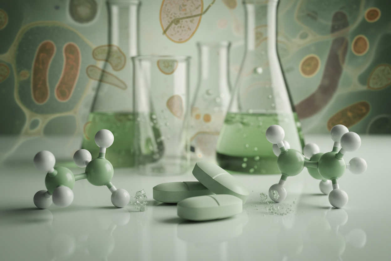 molecular/pharmaceutical imagery in your signature deep forest green palette