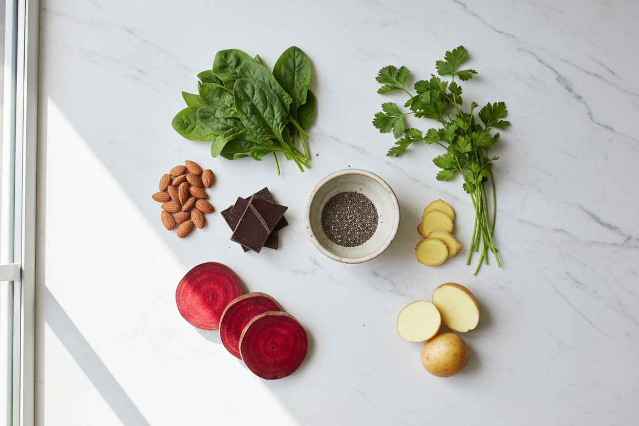 spinach, almonds, dark chocolate, and beets alongside fresh herbs in green, deep red, and warm earth tones
