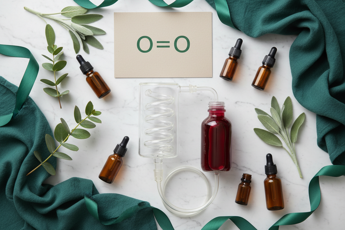 Editorial flat lay of medical ozone generator, glass blood collection bottle, amber vials, and eucalyptus sprigs on white marble — Ozone Therapy guide by Holistic Healing LLC