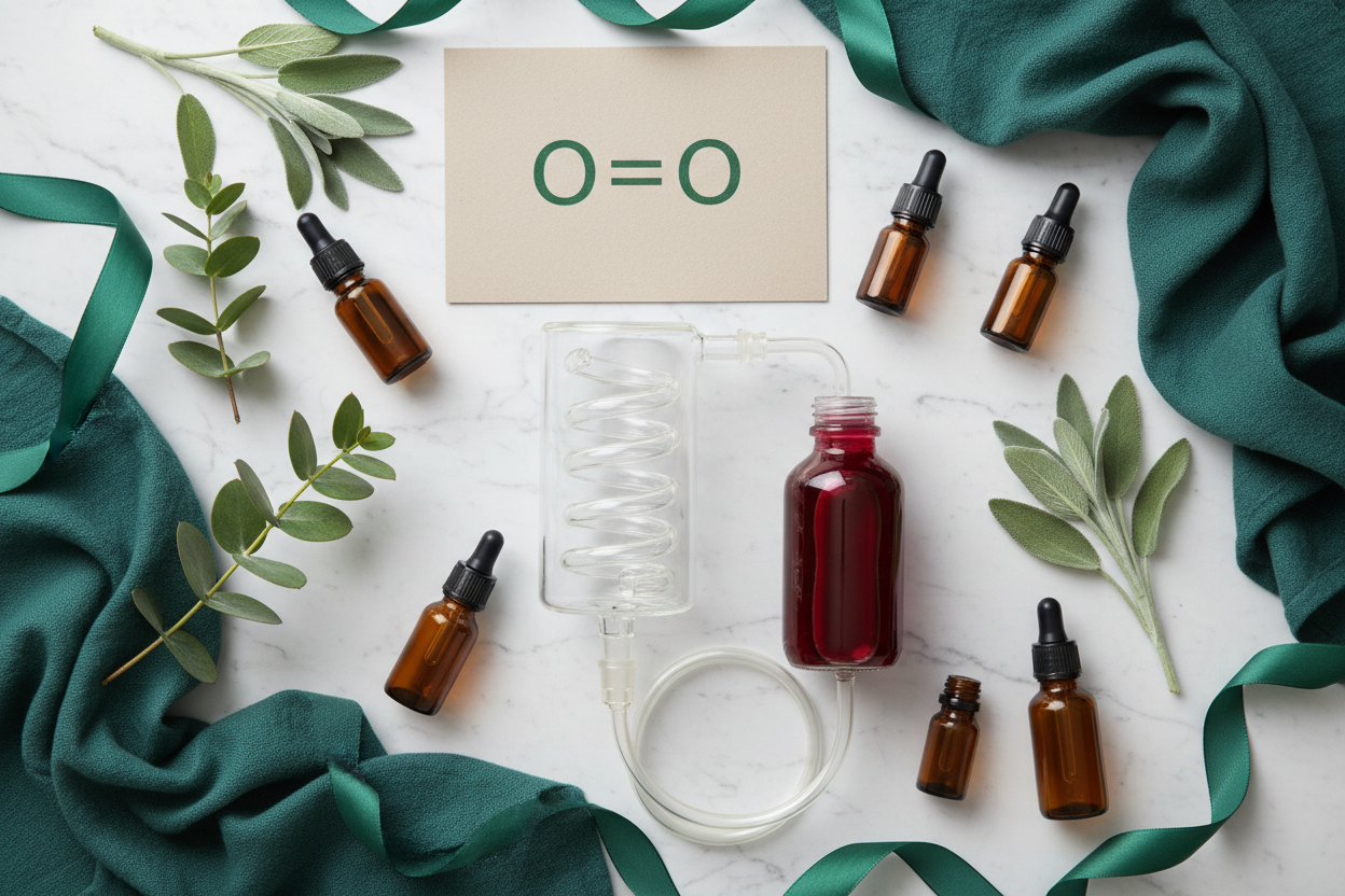 Editorial flat lay of medical ozone generator, glass blood collection bottle, amber vials, and eucalyptus sprigs on white marble — Ozone Therapy guide by Holistic Healing LLC