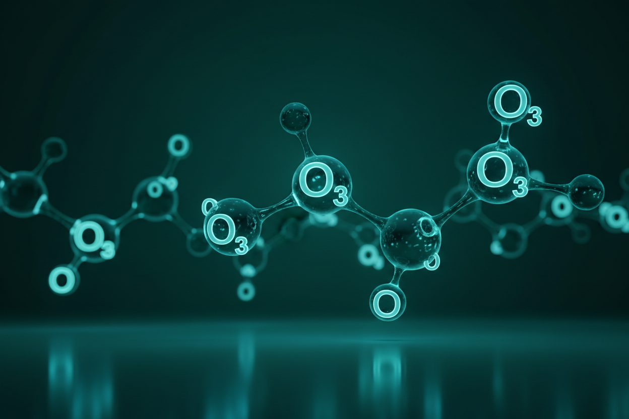 glowing ozone/oxygen molecules in deep teal and electric blue on forest green