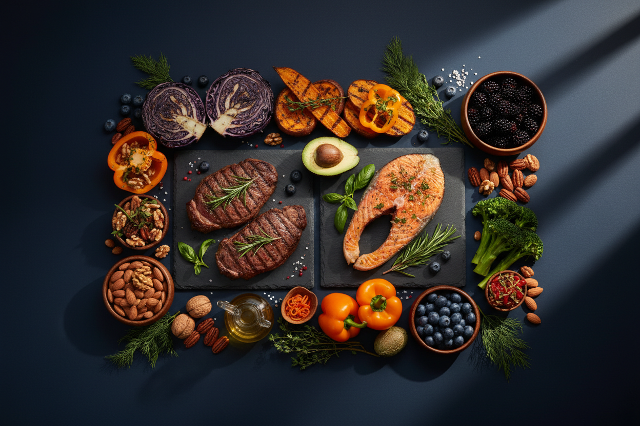 Ancestral Paleo foods including grass-fed meat, wild salmon, vegetables, berries, nuts and avocado on a dark navy background