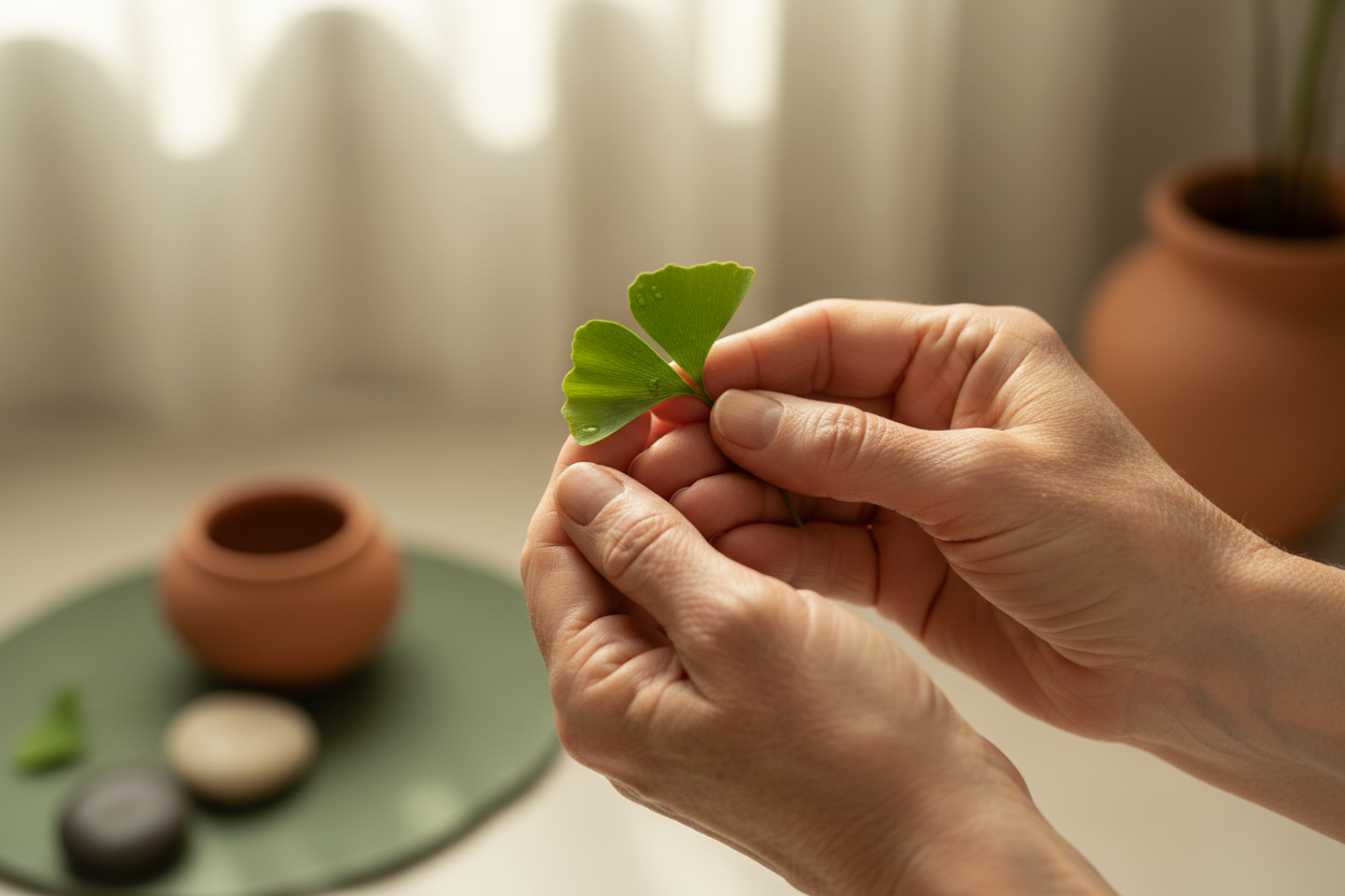Mature hands gently holding a small green plant in soft natural light — representing hope and healing in Parkinson's disease
