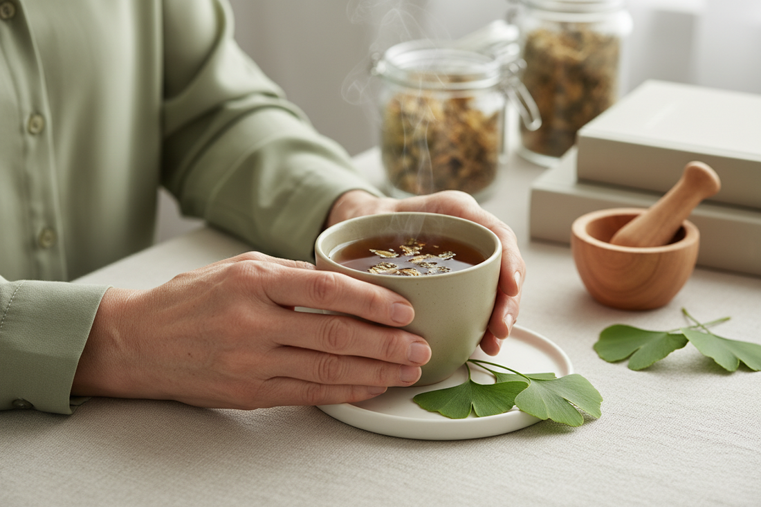 Serene wellness image of steady hands with herbal tea representing neuroprotective support for Parkinson's