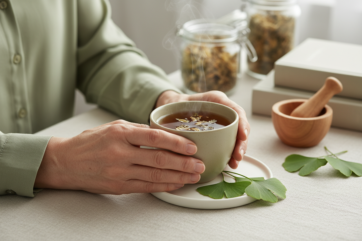 Serene wellness image of steady hands with herbal tea representing neuroprotective support for Parkinson's