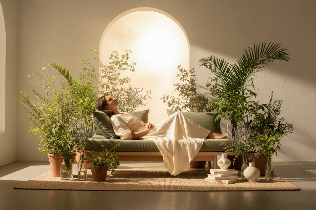 Serene wellness scene representing hormonal balance and PCOS nutritional support
