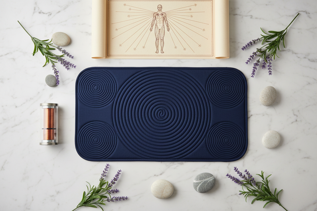 Editorial flat lay of PEMF therapy mat with copper coils, portable PEMF device, lavender sprigs, and smooth river stones on white marble — PEMF Therapy guide by Holistic Healing LLC