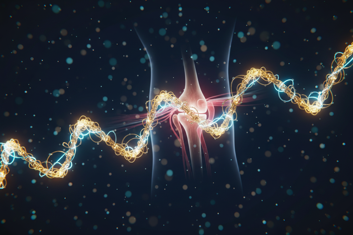 Luminous gold and blue peptide molecular chain on dark navy background representing peptide therapy for pain and inflammation