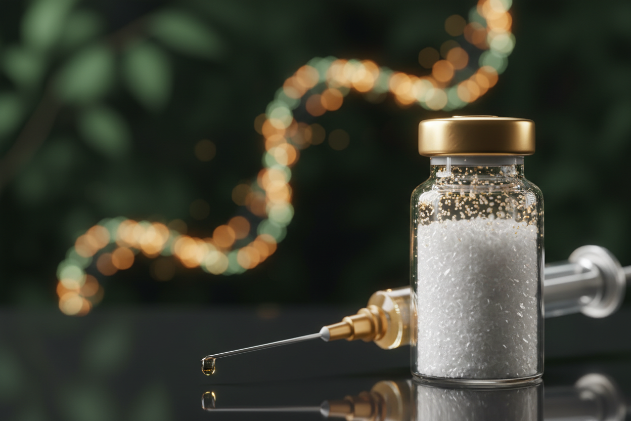glass vial with crystalline peptide powder and glowing amber molecular chains on forest green