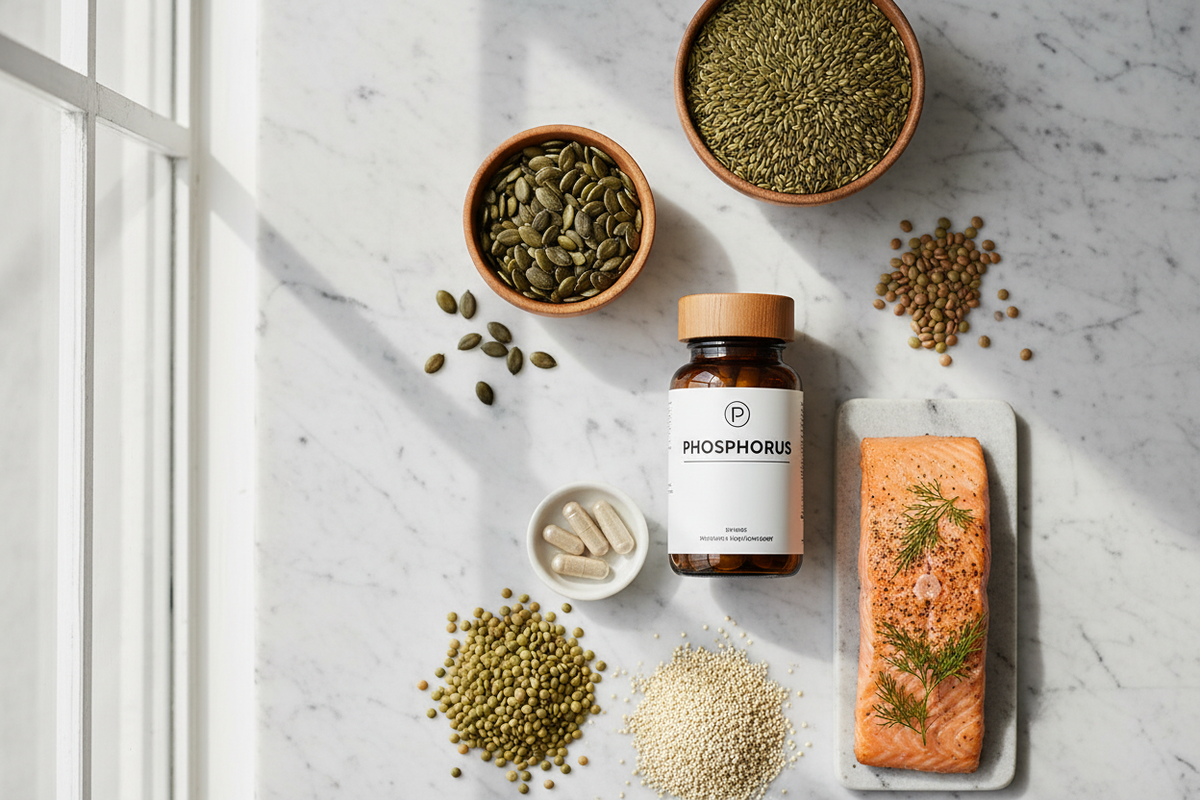 Phosphorus-rich foods including pumpkin seeds, lentils, quinoa, and salmon on a marble surface