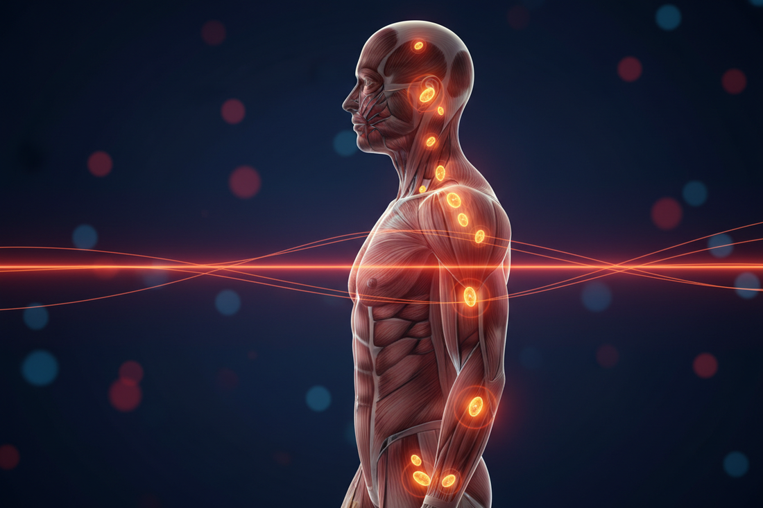 Human silhouette bathed in red and near-infrared light with glowing mitochondria in joint and muscle tissue on dark navy background