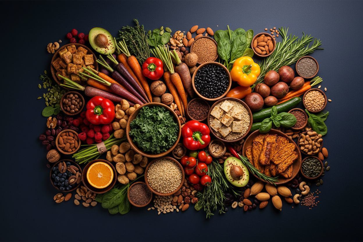 Plant-based diet foods including colorful vegetables, legumes, whole grains, nuts, seeds, fresh fruits, avocado, leafy greens, tofu and tempeh on a dark navy background