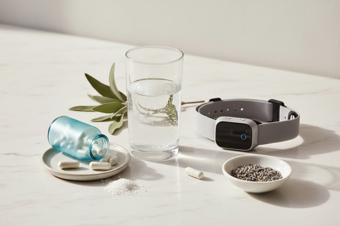 Electrolyte water, sea salt, magnesium supplements, and botanicals on white marble — natural POTS and dysautonomia support