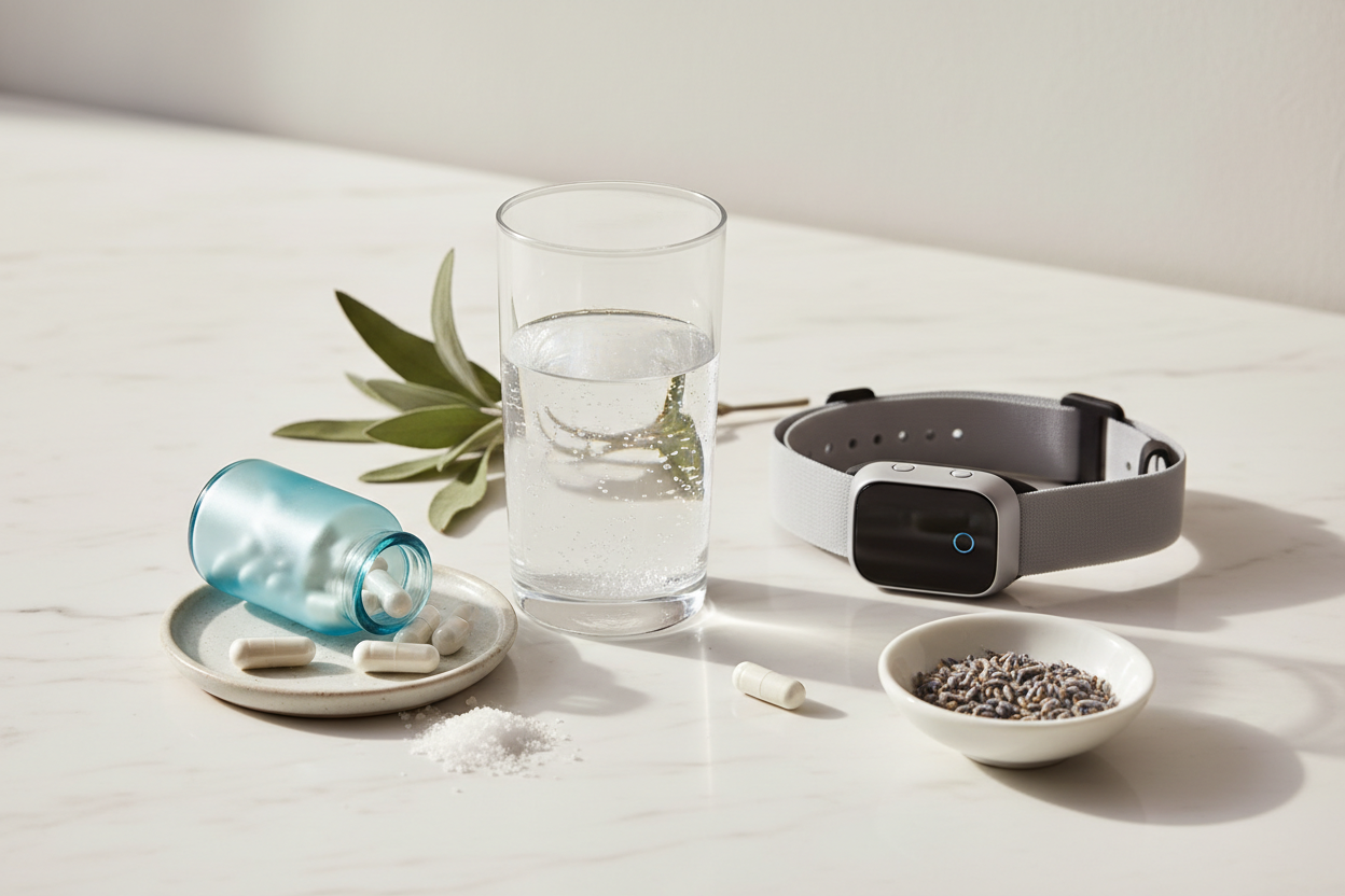 Electrolyte water, sea salt, magnesium supplements, and botanicals on white marble — natural POTS and dysautonomia support