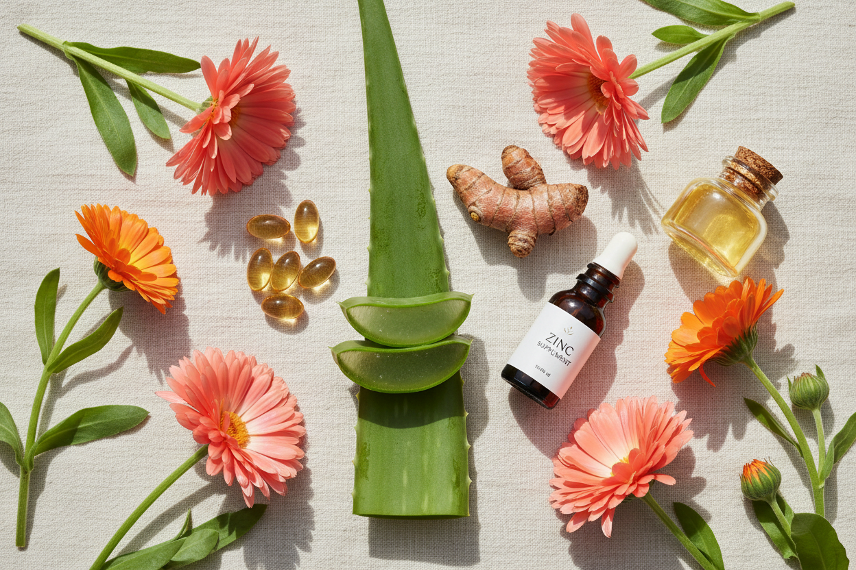 Flat lay of skin-supportive supplements including aloe vera, omega-3 fish oil, turmeric, zinc, and calendula on cream linen