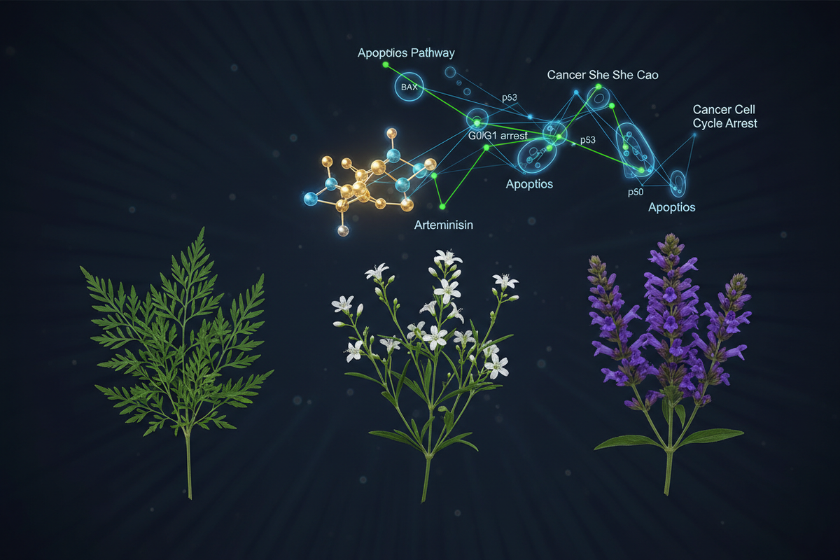 TCM oncology triad Qing Hao Bai Hua She She Cao Ban Zhi Lian with apoptosis pathway and artemisinin structure on dark navy background