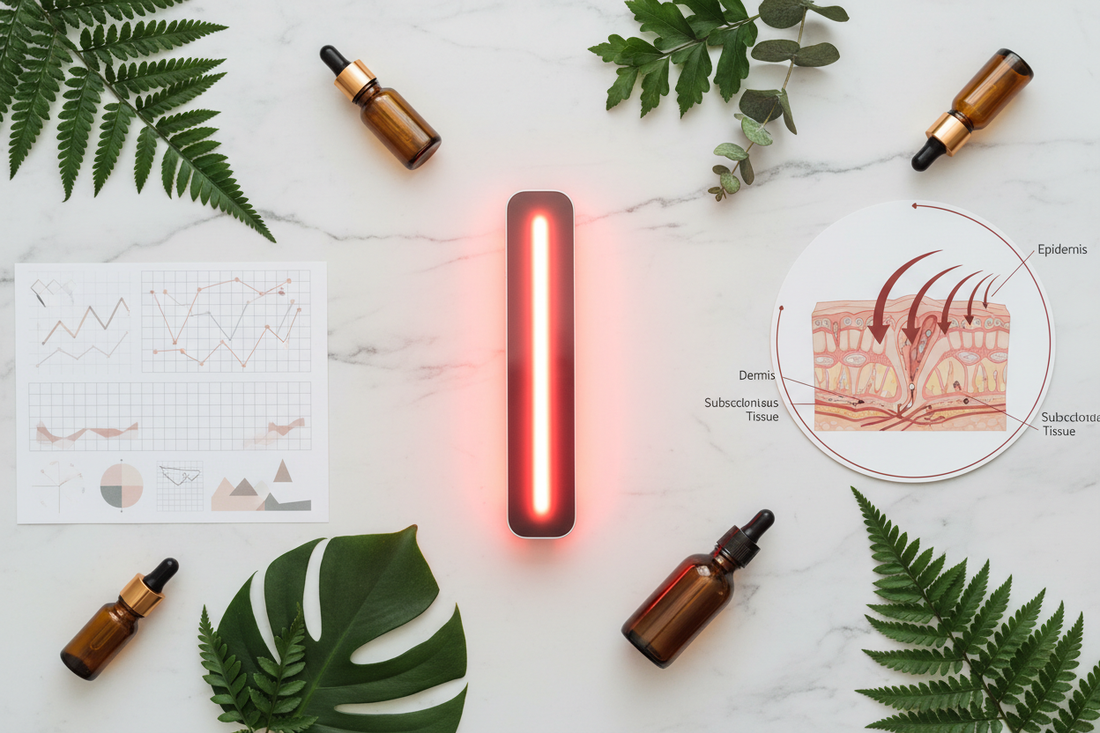 Editorial flat lay of red light therapy panel with glowing red and near-infrared LEDs, botanical herbs, and amber vials on white marble — Red Light Therapy guide by Holistic Healing LLC