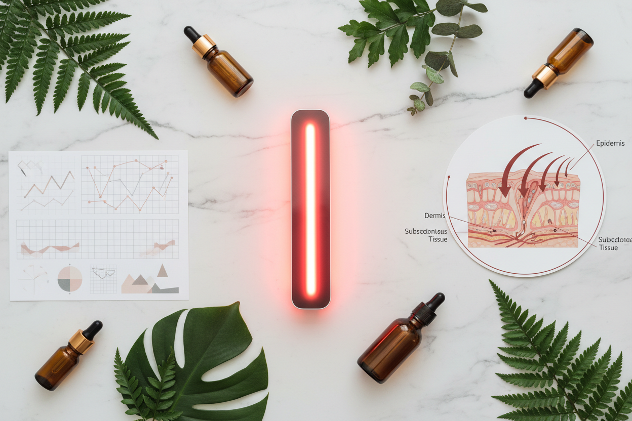 Editorial flat lay of red light therapy panel with glowing red and near-infrared LEDs, botanical herbs, and amber vials on white marble — Red Light Therapy guide by Holistic Healing LLC