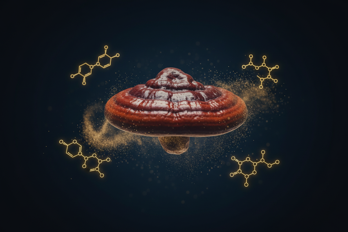 Glossy red-brown Reishi mushroom with golden spores and triterpene molecular structures on dark navy background