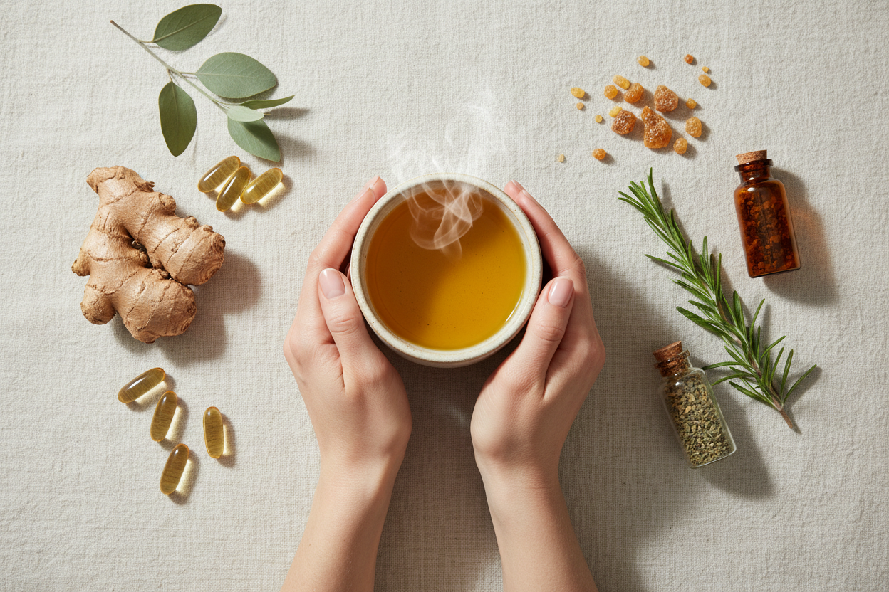 warm turmeric tea, ginger root, boswellia, fish oil, and rosemary in amber, sage, and cream