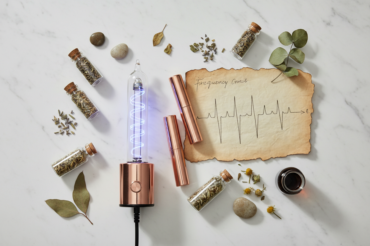 Editorial flat lay of hyperbaric oxygen chamber with porthole window, oxygen mask, pressure gauge, and eucalyptus sprigs on white marble — HBOT guide by Holistic Healing LLC