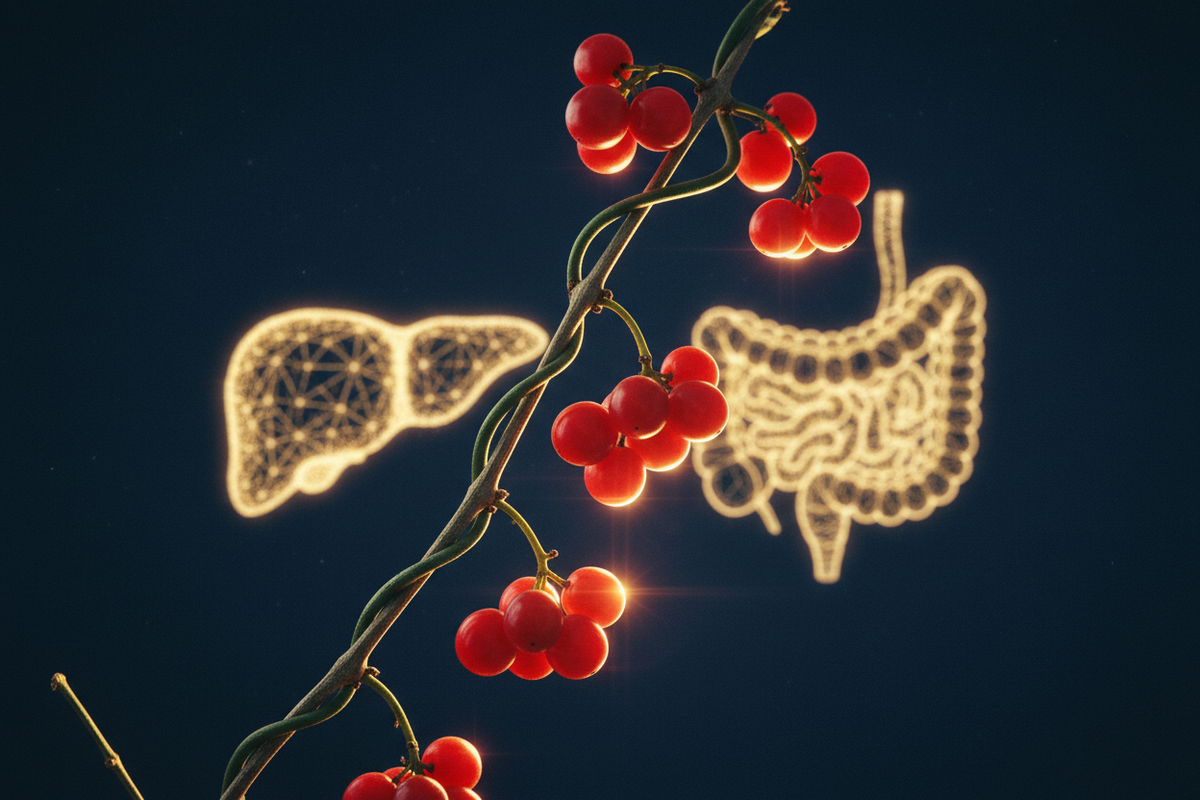 Deep red Schisandra berry clusters on vines with luminous gold liver and adrenal silhouettes on dark navy background
