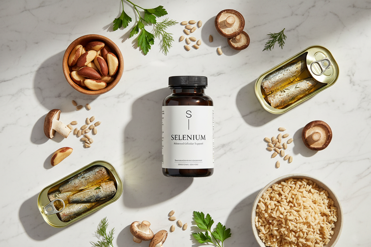 Selenium-rich foods including Brazil nuts, sunflower seeds, sardines, and mushrooms on a marble surface