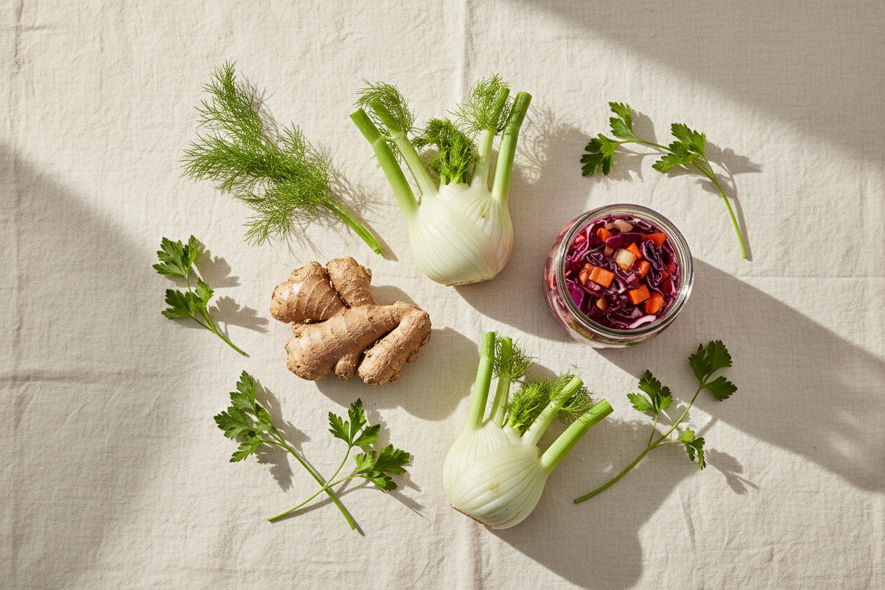 ginger root, fennel, fermented vegetables, and fresh herbs on linen in warm cream and soft gold tones