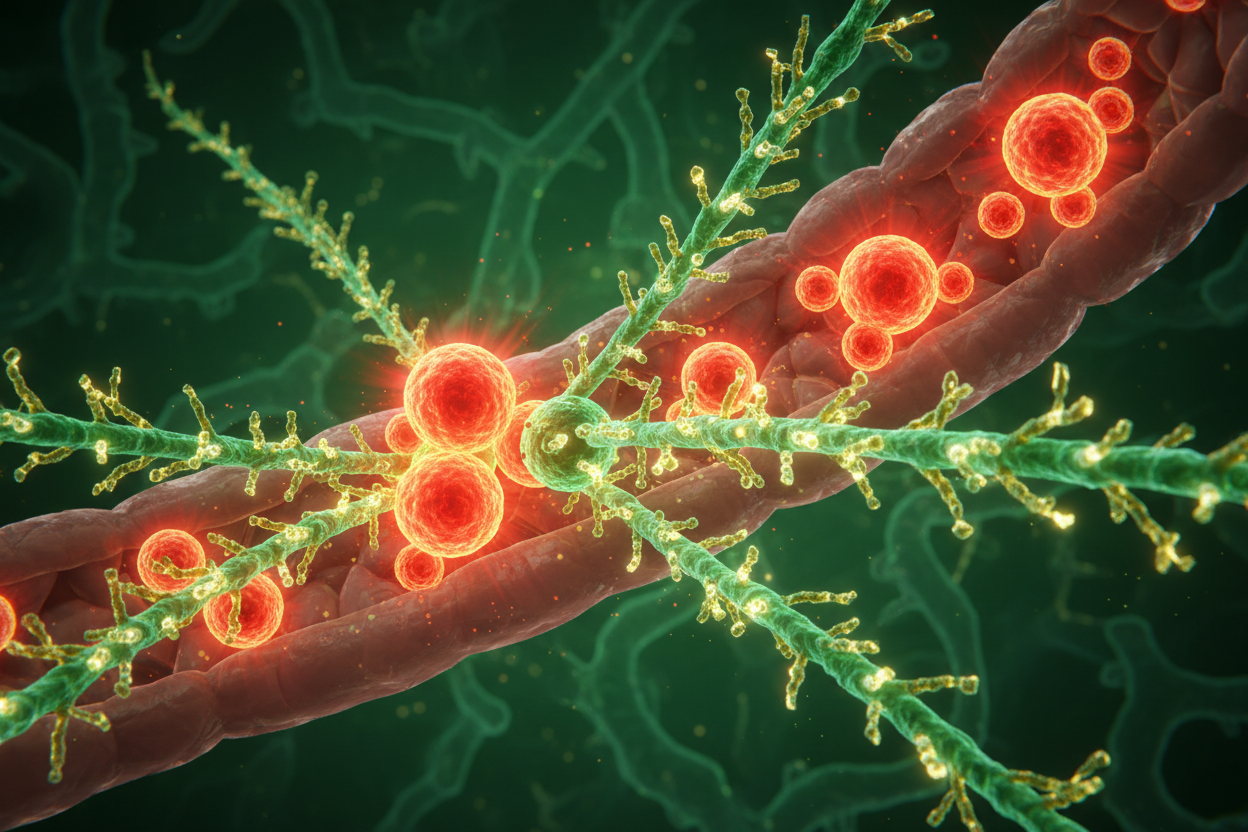 small intestine with glowing bacterial colonies being cleared by luminous herbal molecules on forest green.