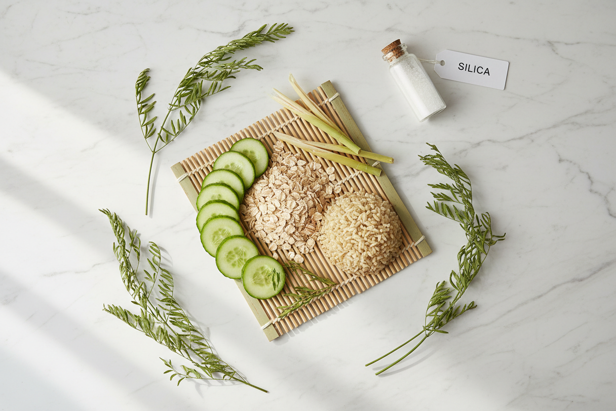Silica-rich foods including bamboo shoots, oats, cucumber, and horsetail herb on white marble surface