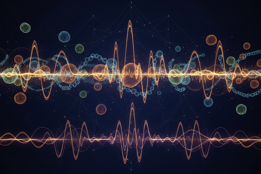 Sound Healing and Vibroacoustic Therapy — luminous sound wave frequencies resonating through cellular structures and biological tissue