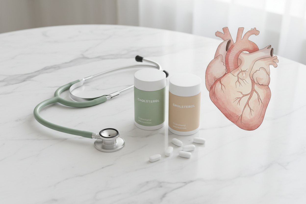 Prescription statin pill bottles alongside a stethoscope and heart diagram on a white marble surface