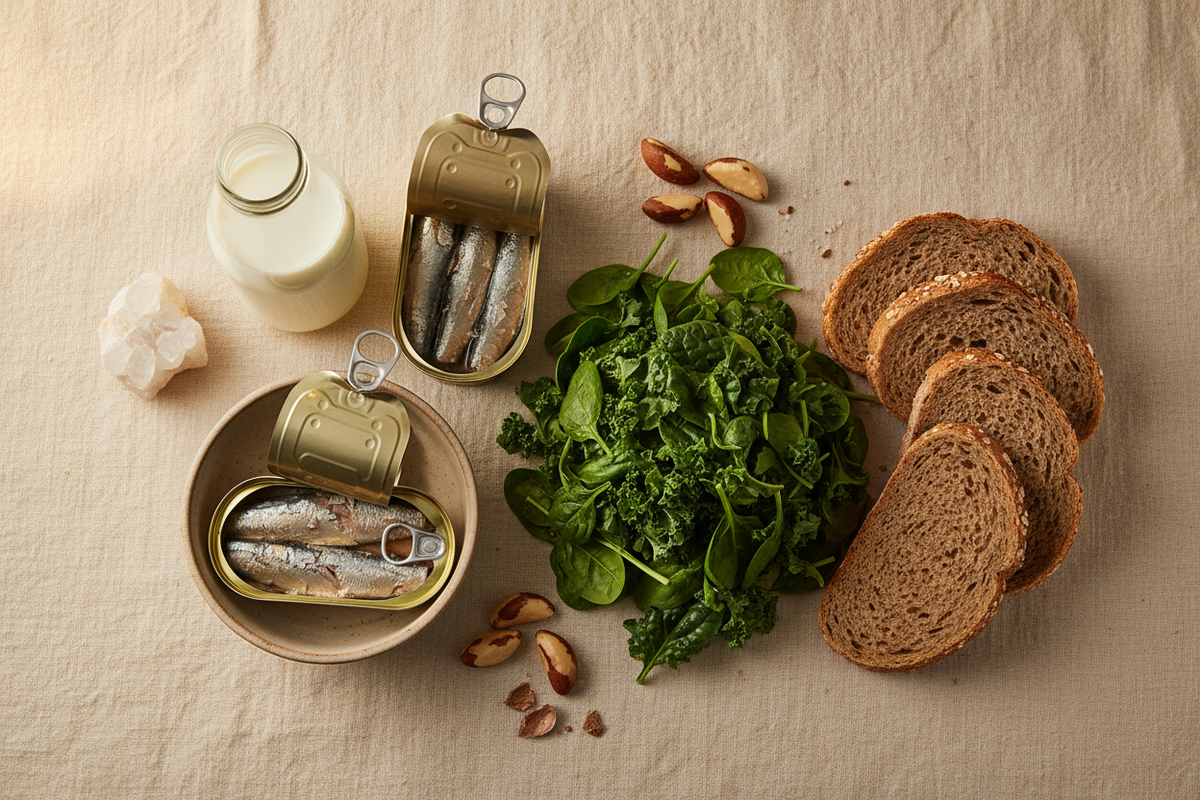 Strontium-rich foods including milk, sardines, leafy greens, and Brazil nuts on cream linen surface