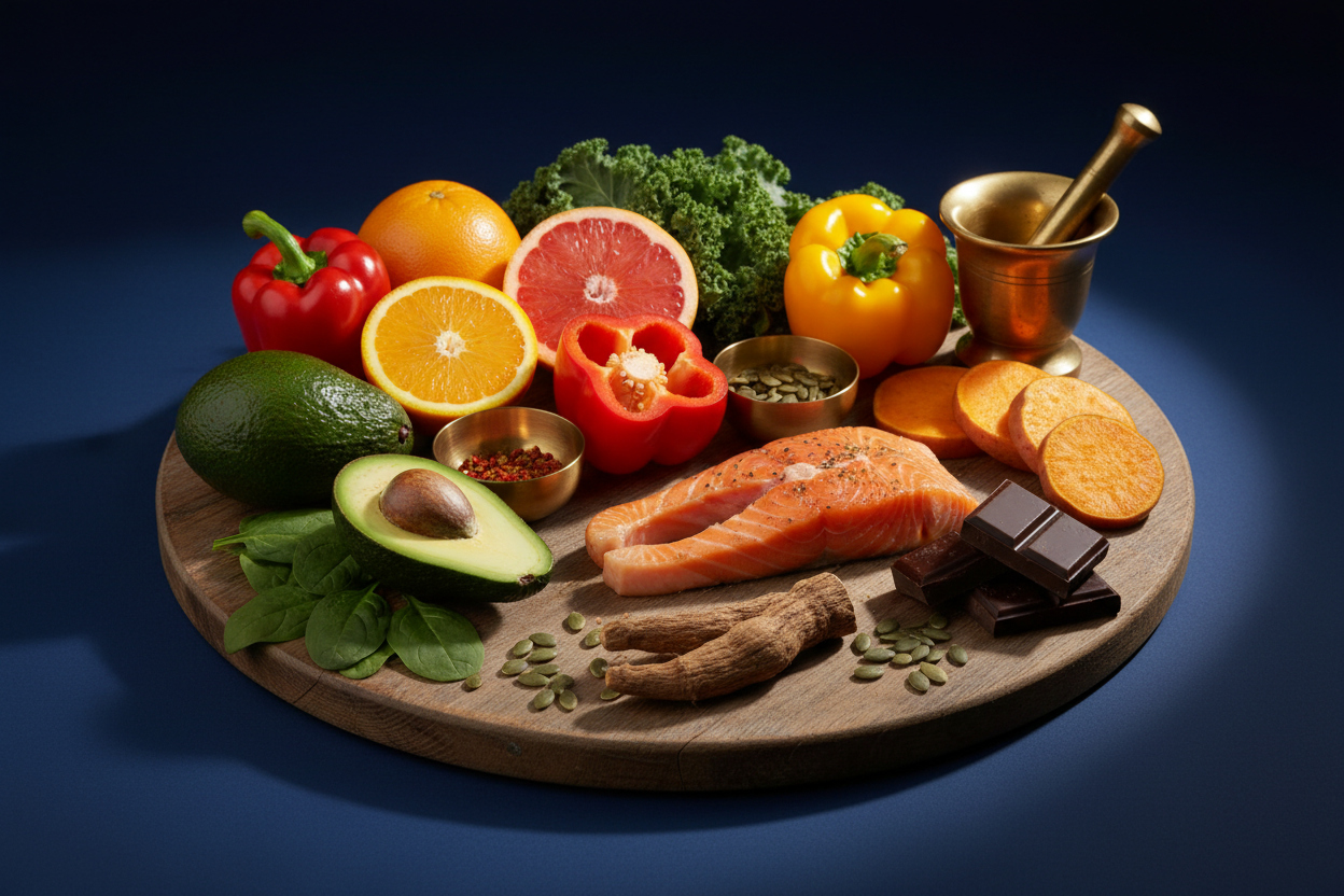 The Adrenal Reset Diet — adrenal-supportive whole foods including avocado, citrus, pumpkin seeds, and ashwagandha for cortisol balance and HPA axis restoration
