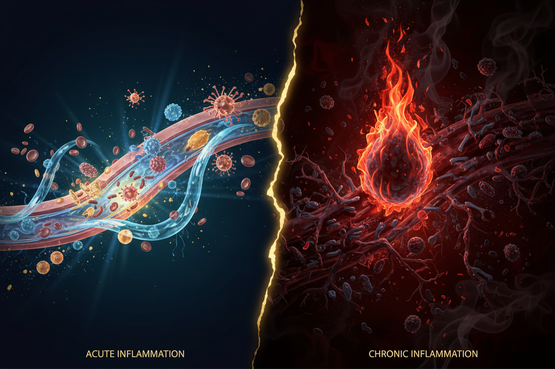 Illustration of the inflammatory cascade showing acute versus chronic inflammation pathways