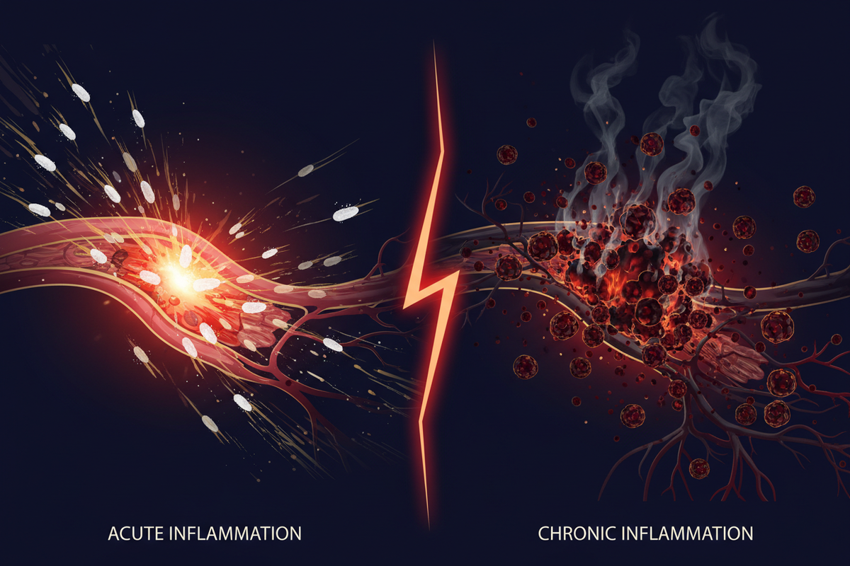 Split-panel illustration showing acute versus chronic inflammation cascade