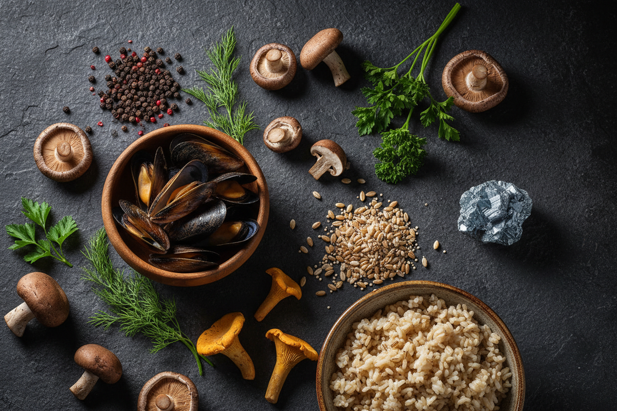 Vanadium-rich foods including black pepper, mushrooms, shellfish, and whole grains on dark stone surface