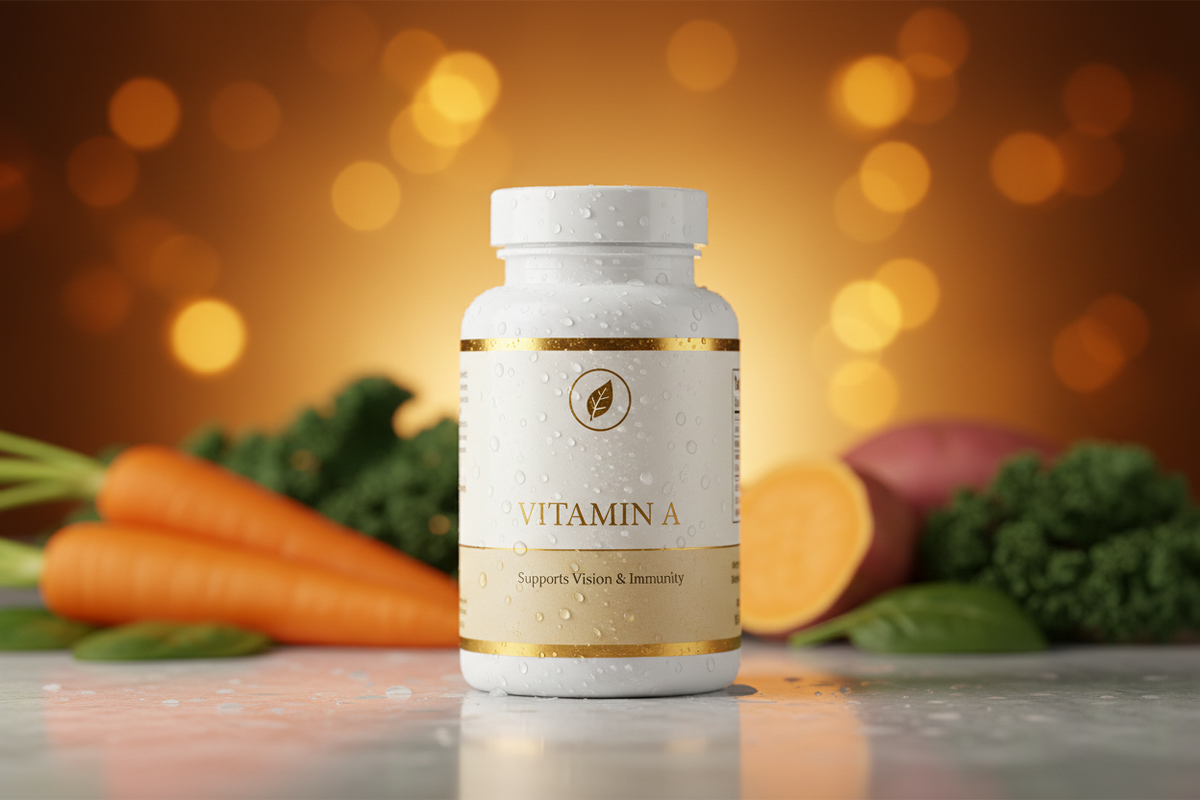 Vitamin A supplement with carrots and sweet potatoes — premium wellness editorial