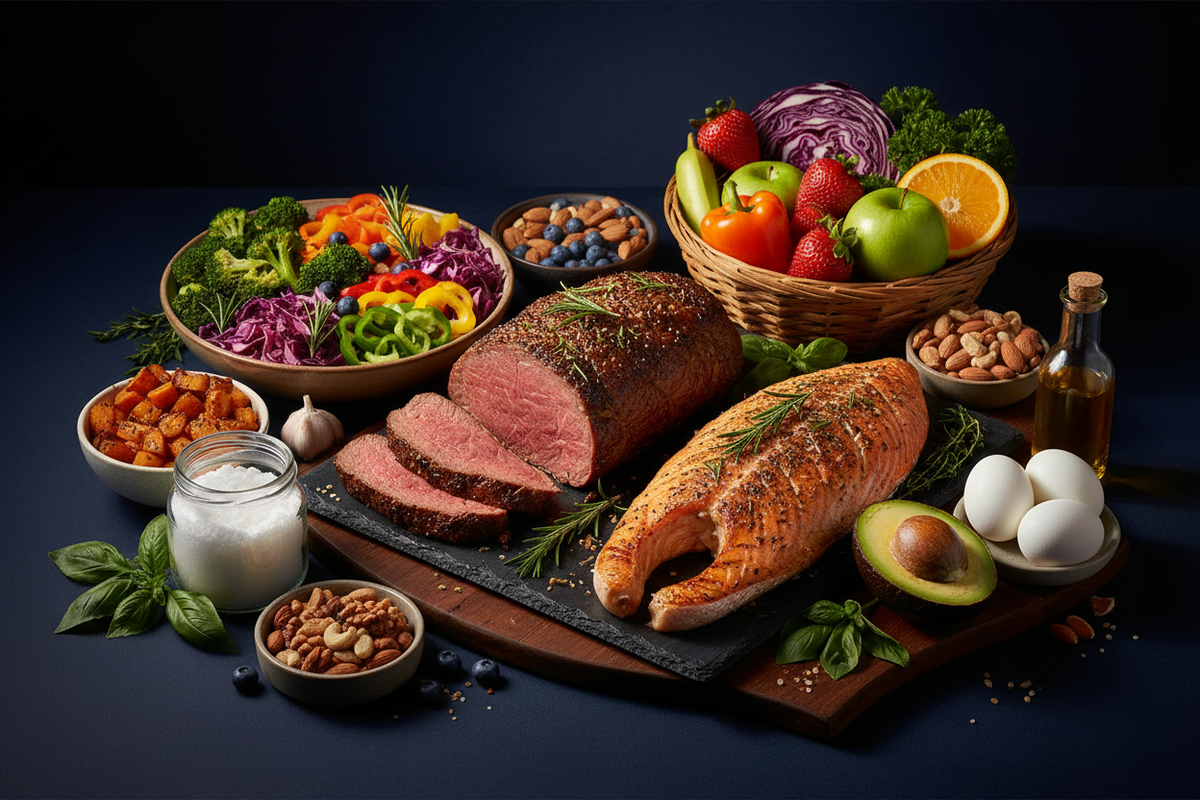 Whole30 compliant foods including grass-fed meats, wild fish, colorful vegetables, sweet potatoes, avocado, eggs, nuts and fresh herbs on a dark navy background