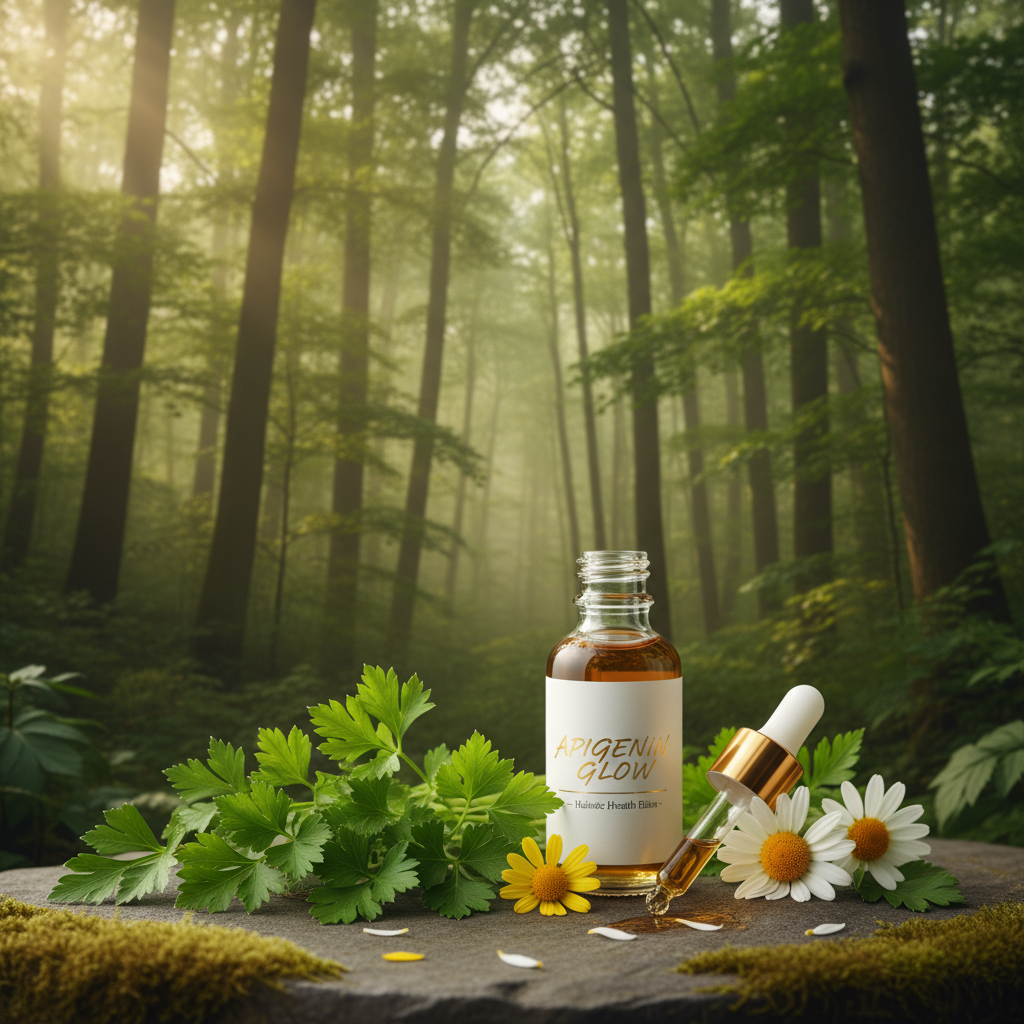 Fresh parsley and chamomile flowers in a lush green forest with dappled sunlight representing apigenin flavonoid