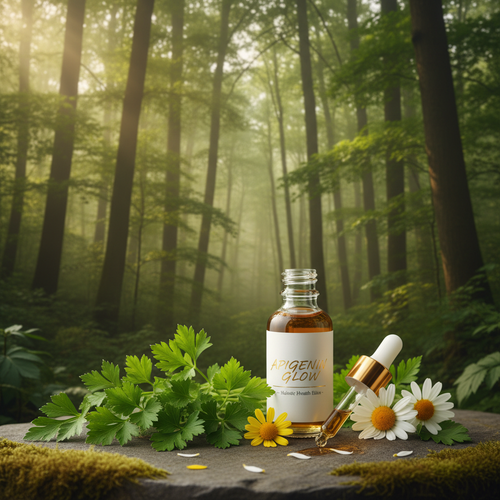 Fresh parsley and chamomile flowers in a lush green forest with dappled sunlight representing apigenin flavonoid