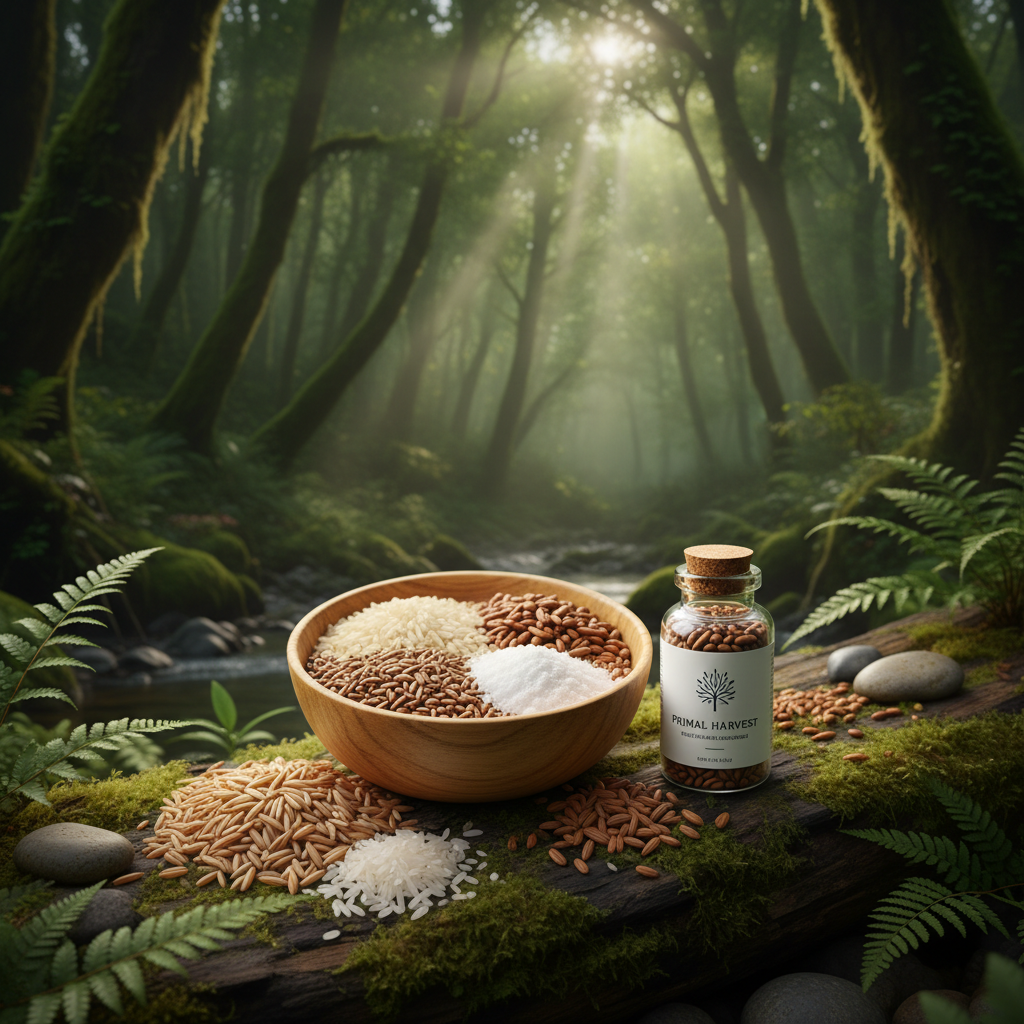 Whole grain rice and bran seeds in a lush green forest with dappled sunlight representing IP6 inositol hexaphosphate