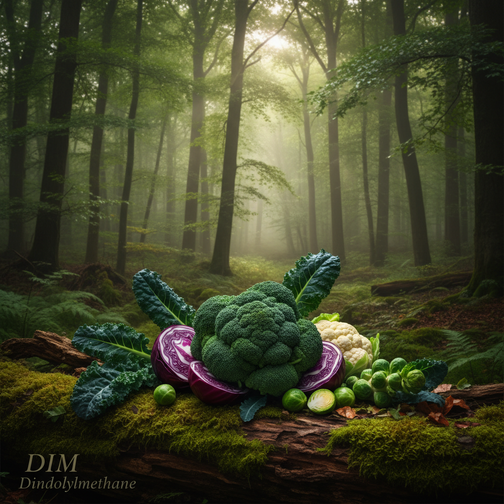 Fresh broccoli and cruciferous vegetables in a lush green forest with dappled sunlight representing DIM diindolylmethane