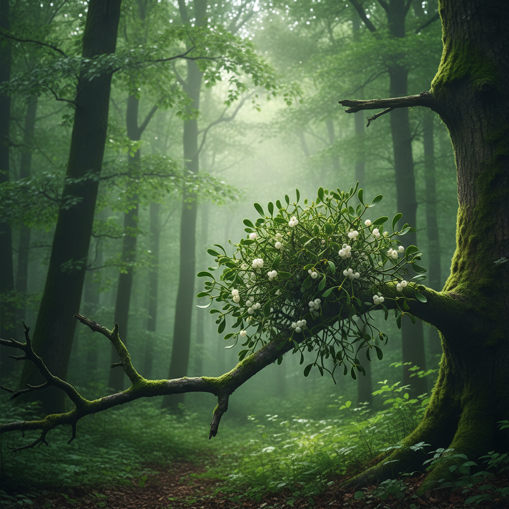 Mistletoe plant with white berries growing on a tree branch in a lush green forest with dappled sunlight