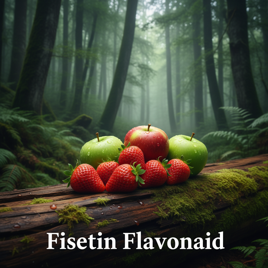 Fresh strawberries and apples in a lush green forest with dappled sunlight representing fisetin flavonoid